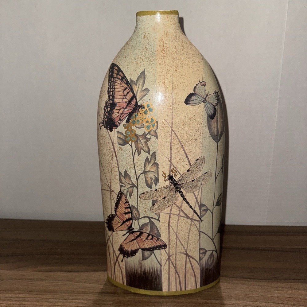 Butterflies; Dragonflies & Flowers Beige Blue Green Gold 14.4" Decorative Vase